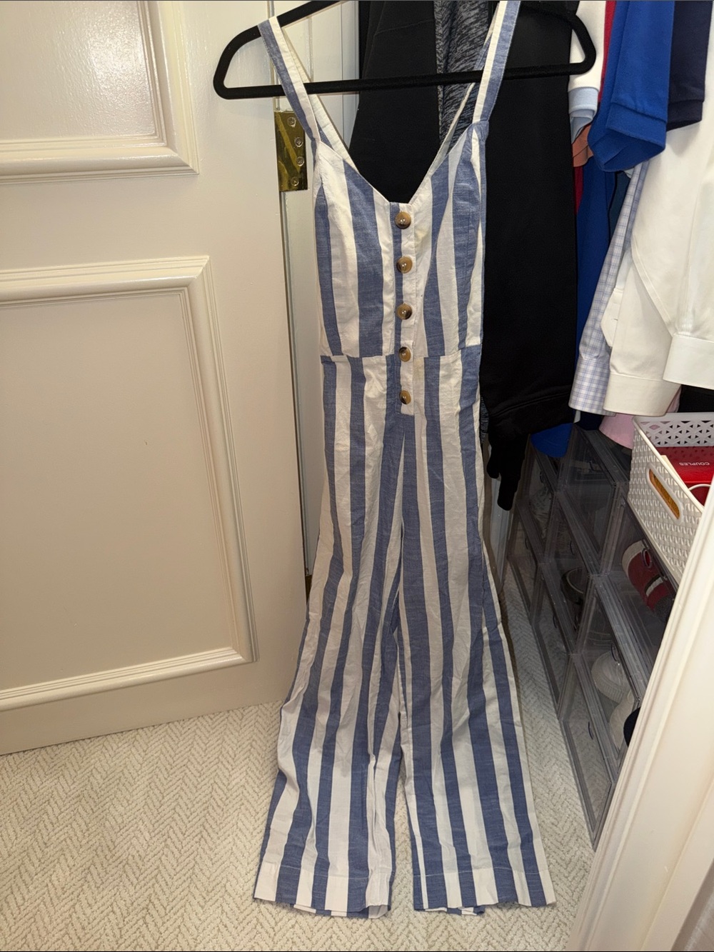 Japna Blue & White Vertical-Stripe Button Jumpsuit